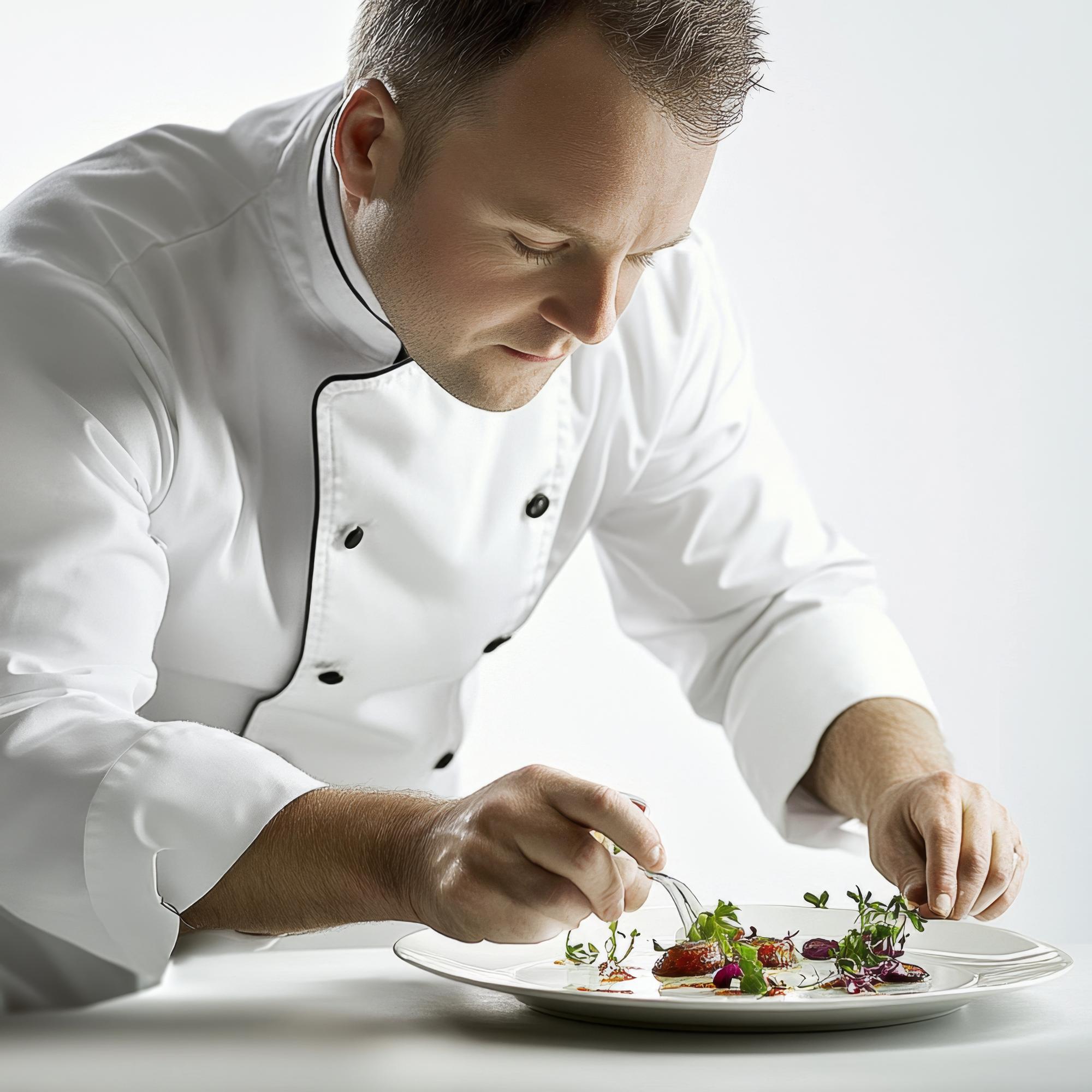 Chef demonstrating plating technique in an elegant kitchen